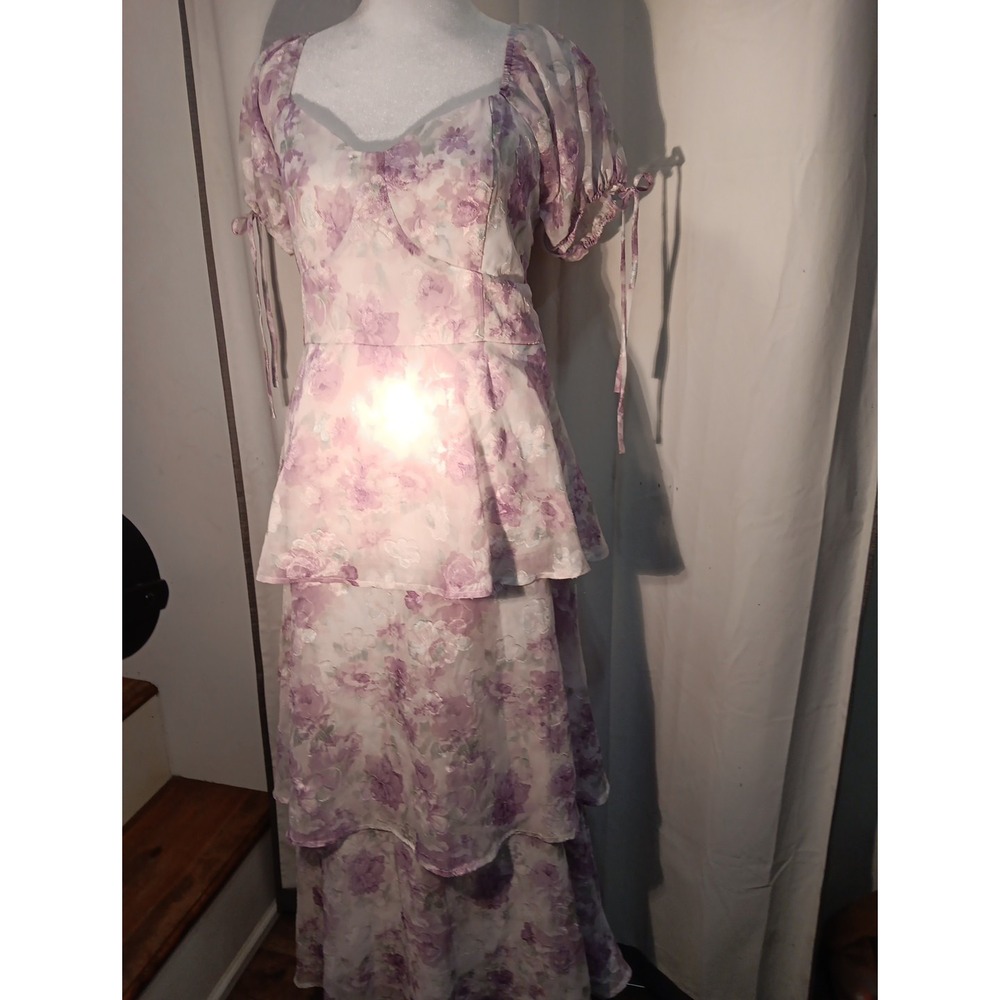 Tiered Y2 Sheer Layered Boho Foral Babydoll‎ Puff Sleeve Maxi Dress Med
